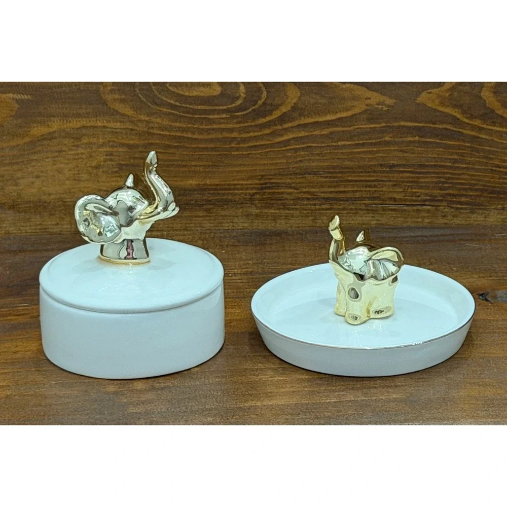 Elephant Jewelry Box and Trinket Dish Ring Holder White With Metallic Gold Set 2